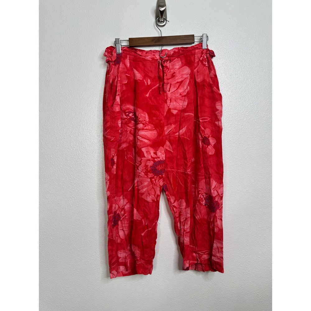 Jams World Full Bloom Red Floral Rayon Cropped Pants Womens Medium Made in USA